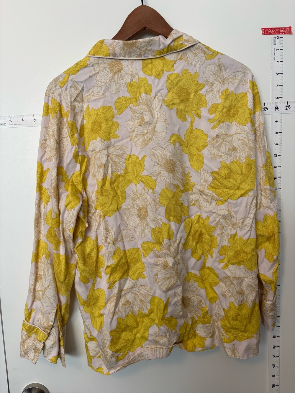 Yellow Pyjama Set Floral Button-Up with piping sz L - Picture 4 of 11